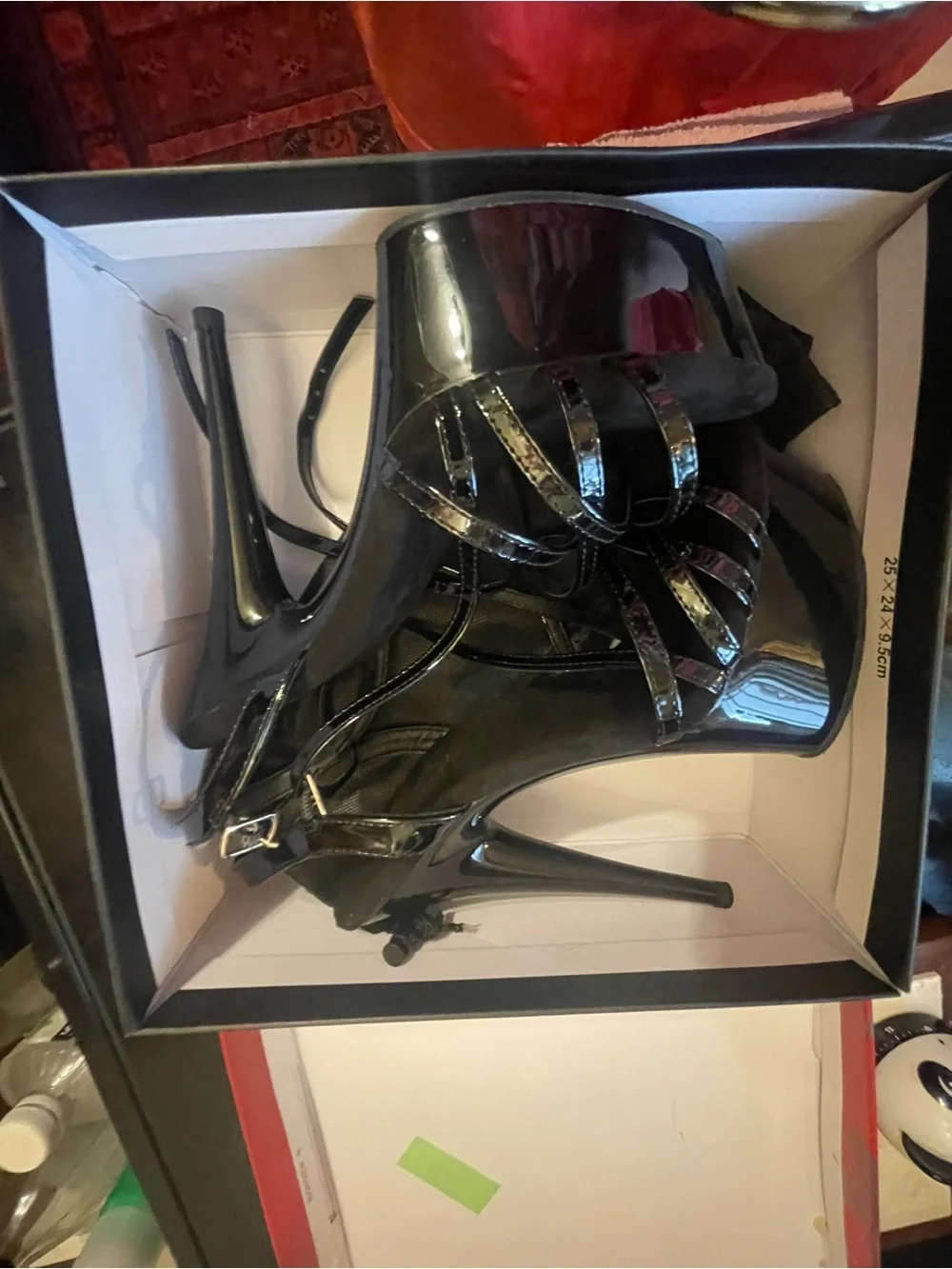 Pleaser Black Patent Platform Stiletto Sandals with Strappy Detail